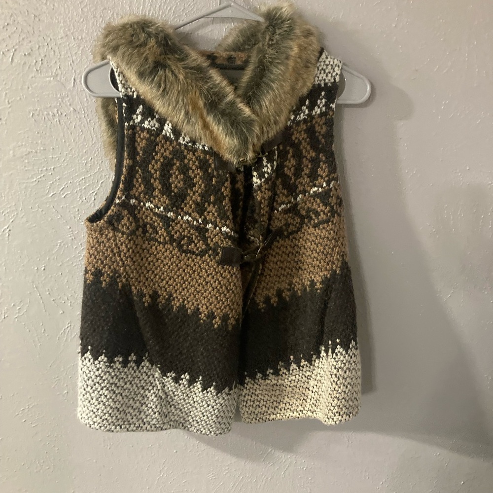 Zara Basic Wool Blend Fur Hooded Vest Size Medium